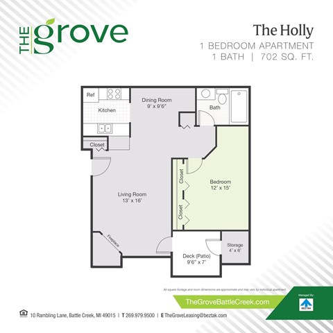 Floor plan for 1 bed, 1 bath, 702 sqft